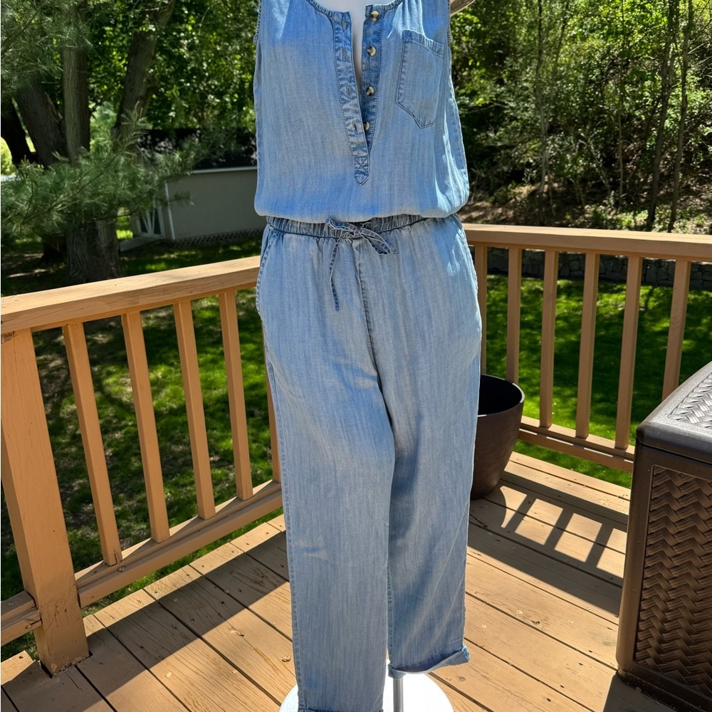 Boston Proper Blue Chambray Jumpsuit Size XS button up front tie elastic waist - Picture 2 of 12